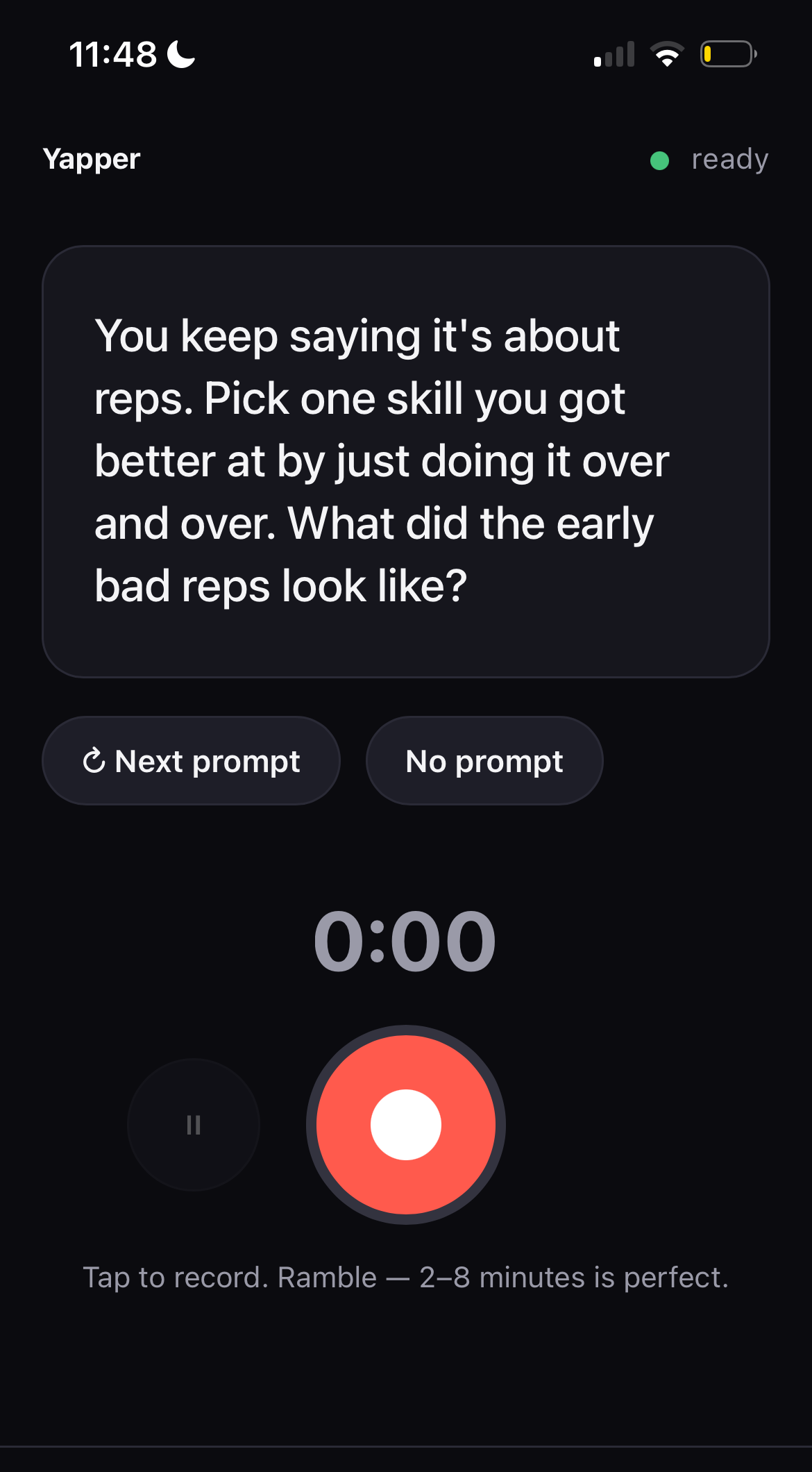 Yapper — recording screen with a writing prompt