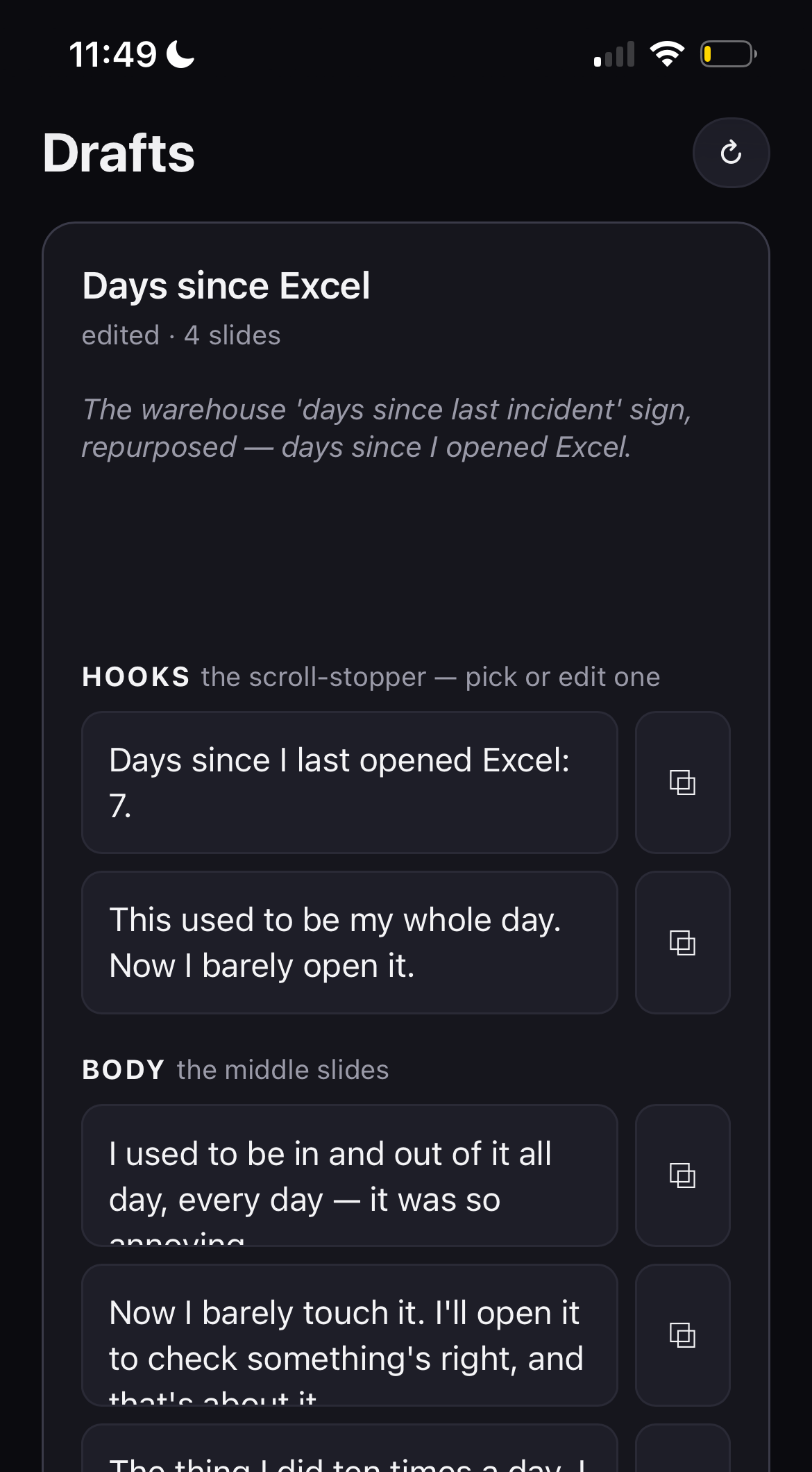 Yapper — a generated draft with hooks and body slides